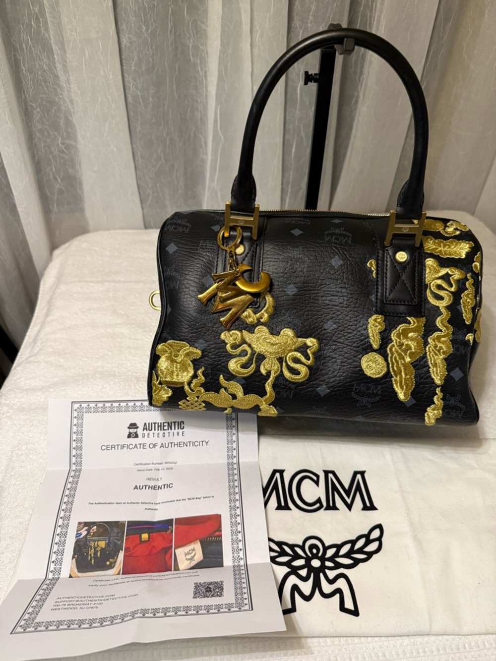 *RARE* MCM Black Leather Speedy 30,  Gold Embroidered Accents and Red/Navy Trim